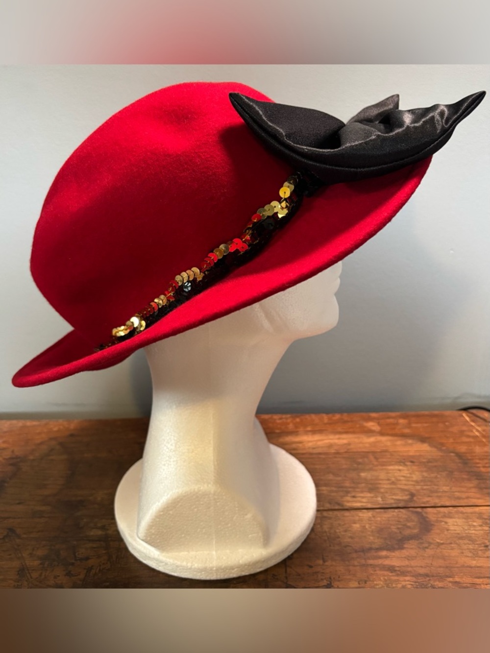 Women’s Red Wool Felt Hat with Sequined Band and Black Accent Bow Derby Church